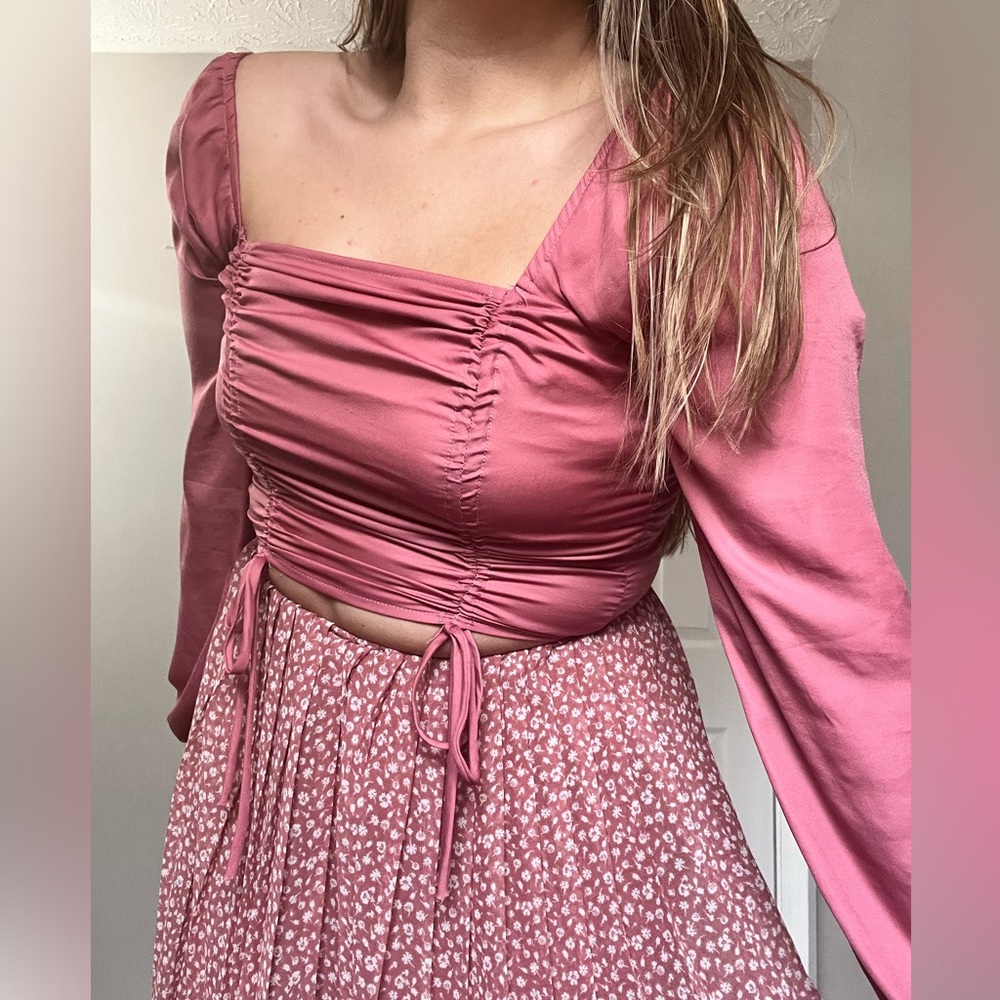 Satin ruched long sleeve top